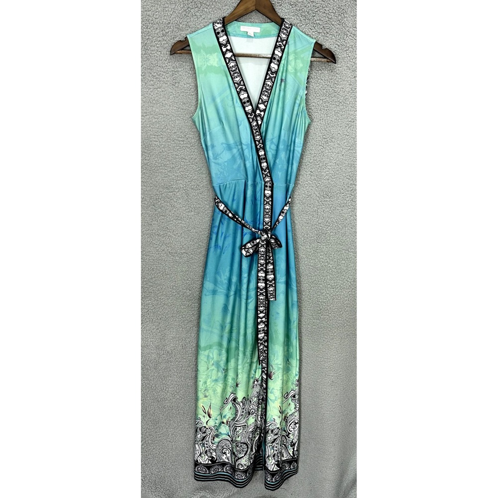 New York & Company Maxi Dress Womens XS Teal Ombre Floral Faux Wrap Stretch Boho